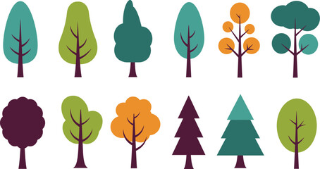Set of eight different cartoon tree illustrations on transparent background © Pvect02