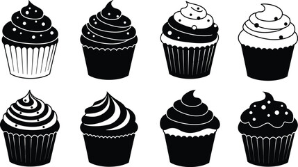 Seamless Pattern of Cupcakes Black and White Vector Illustration on Transparent Background