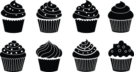 Black and white cupcake pattern with different frosting designs on transparent background