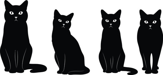 Three Black Cat Silhouettes Sitting in a Row on Transparent Background