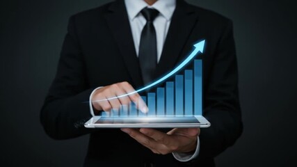A businessman holding a tablet displaying a rising bar graph with an upward trending arrow overlay - Powered by Adobe