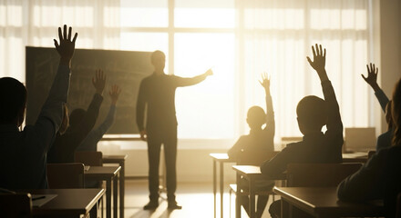Silhouette of a teacher pointing at a chalkboard with students raising hands, bright classroom background.