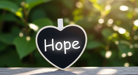 Heart shaped hope sign on wooden surface outdoors