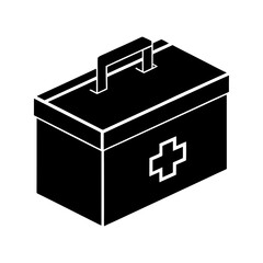 A bold black silhouette of an isometric first aid kit, featuring a prominent medical cross symbol. This isolated vector graphic is a versatile icon for healthcare, emergency, and safety themes