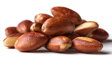 Pile of oval-shaped brown nuts on a white surface.  Textured surface, close-up, organic healthy snack.