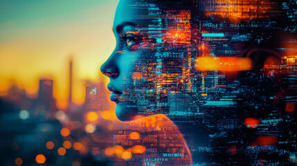 Futuristic technology and human connection in a vibrant cityscape