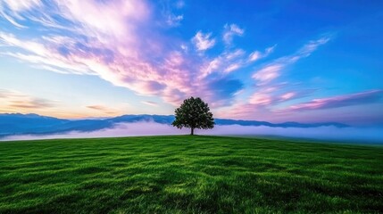 Solitary Tree on Green Hill with Pink Clouds and Distant Mountains