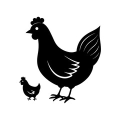 A graphic representation of a mother hen and her chick, depicted in a bold, minimalist black silhouette against a white background, perfect for illustrating themes of family, farming, or rural life