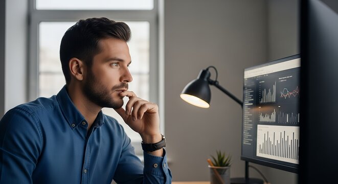 Focused businessman analyzing financial data on computer monitor in modern office.