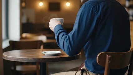 The back view of a professional man sitting at wooden table in cafe and drinking a cup of coffee, concept for business meeting, relax time and casual workspace
