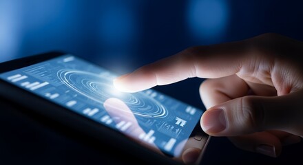 Human finger touching glowing digital data interface on a smartphone screen, representing technology and innovation.