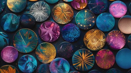 A collection of bright and vibrant buttons placed on a flat surface, perfect for decorative purposes or as a prop in photography projects