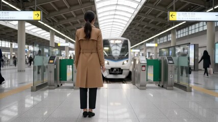 Back view of a woman in a trench coat waits for the train at a station platform, concept for urban lifestyle, travel content and transportation advertisement - Powered by Adobe
