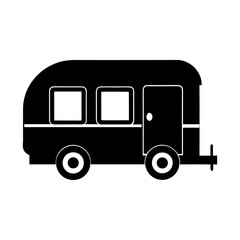 Monochrome vector icon of a classic recreational vehicle, depicted as a simple black silhouette. This versatile graphic of a camper trailer is ideal for travel and adventure themes