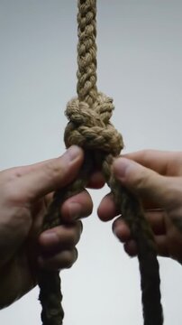 Close-up video of clean, skilled hands meticulously tying a natural fiber Bowline knot on a light grey studio background, captured with a cinematic push-in and subtle slow-motion. Concept of