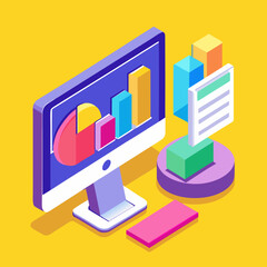 Isometric illustration of a computer displaying charts and graphs with data visualization elements