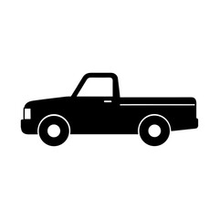 Simple black pickup truck silhouette icon from a side view perspective. Isolated vector graphic of a utility vehicle for transportation, automotive, or logistics themes