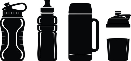 Vector Illustration of Four Black Silhouette Water Bottles and Thermos with Caps and Handles – Sports and Outdoor Drinkware