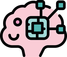 Pink cartoon human brain with an embedded processing chip and digital connections, symbolizing artificial intelligence