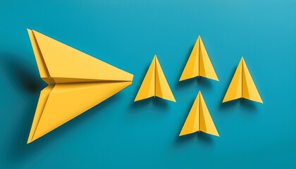 yellow paper planes arranged in a sequence on a blue background concept of growth and progress