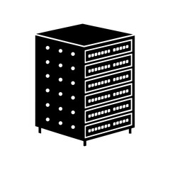 Black silhouette of data server rack vector icon representing cloud storage, web hosting, network database, and technology equipment.