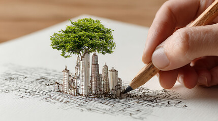 Hand drawing green city concept with pencil sketch buildings