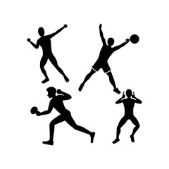 Dynamic black silhouette sports players vector set including football, basketball, running, karate, and fitness action poses illustration.