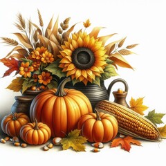 Autumn harvest still life with pumpkins, sunflower, corn, dried wheat, and fall leaves arranged in rustic ceramic vases.