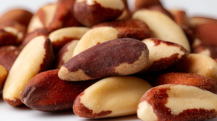Close-up of many Brazil nuts stacked together, showcasing their light and dark brown shells.