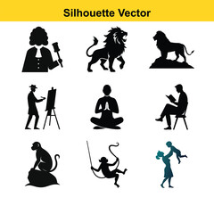 Diverse Silhouette Vector Icons of People, Animals, and Activities
