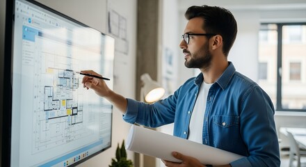 Architect working on digital blueprint on large screen with stylus, holding rolled plans.