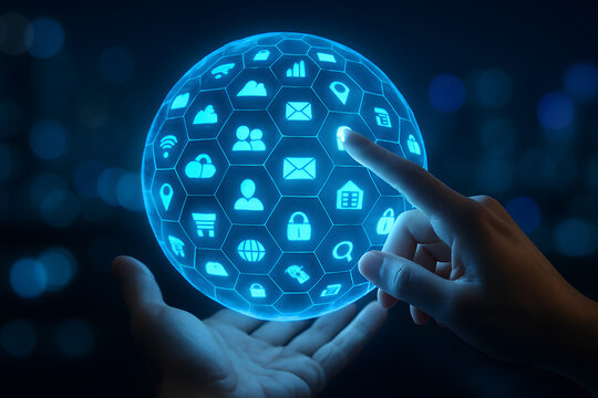 Hands holding glowing sphere with social media and internet icons digital technology