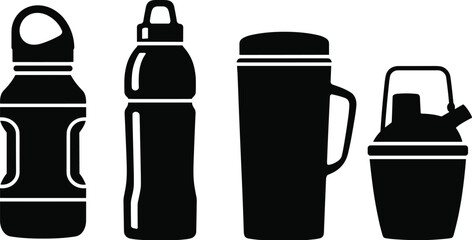 Vector Silhouettes of Reusable Water Bottles, Thermos Flask, and Shaker Bottle – Fitness Hydration Container Icons and Drinkware Illustrations