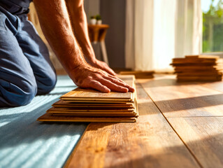 Person organizing wooden sample planks on the floor in a well-lit room