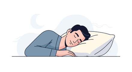 Peaceful slumber illustration depicting a man sleeping soundly on a pillow, showcasing relaxation and restfulness for sleep aid advertisements and wellness campaigns