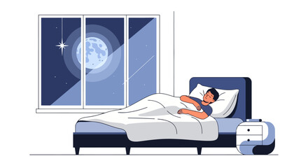 Serene Bedroom Scene Depicting Peaceful Sleep Under Moonlight, Promoting Restful Nights and Healthy Sleep Habits for Wellness Campaigns and Relaxation Content.