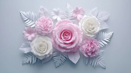 Pastel pink and white flowers and leaves arrangement.