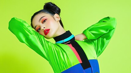 Stylish Asian Woman Posing in Vibrant Green and Colorful Fashion