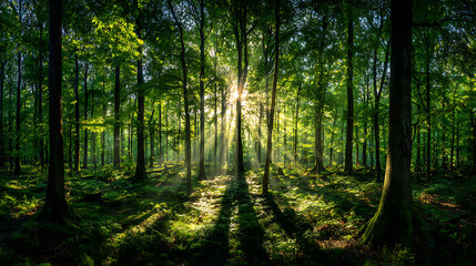 Naklejka premium Lush forest canopy bathed in golden sunbeams piercing through tall trees sunlight