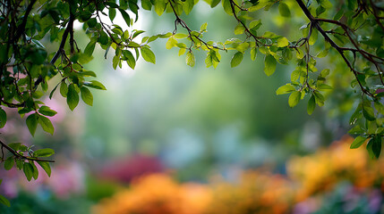 Obraz premium Lush green branches framing a vibrant blurred garden with colorful flowers green leaves