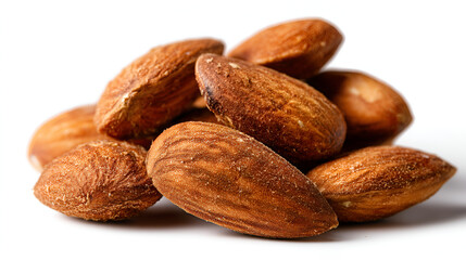 Close-up of a small pile of roasted almonds on a white surface, showcasing their textured skin.