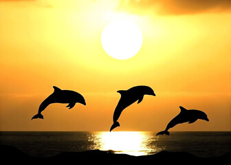 Naklejka premium Delfine springen aus dem Meer bei Sonnenuntergang – Magische Ozean-Silhouetten