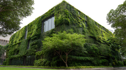 Lush green building facade with cascading foliage and expansive windows green wall vertical garden