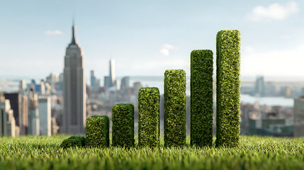 Lush green chart rising on grassy hill with city skyline backdrop graph growth image