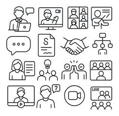 Virtual communication and remote collaboration icons for online meetings and webinars