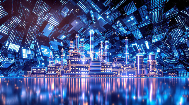 Cyberpunk Cityscape Reflection: Futuristic Industrial Complex