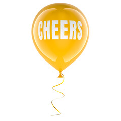 Cheers, yellow balloon with text. 3D rendering