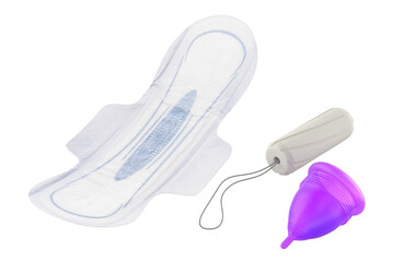 Sanitary pad, tampon and menstrual cup. Set of feminine hygiene products. 3D rendering