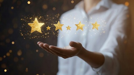 Smiling person in a white shirt holding a hand under golden stars in a speech bubble, symbolizing customer satisfaction and reviews.