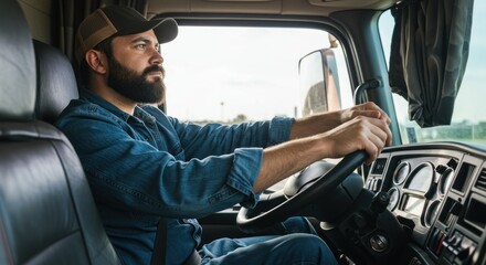 Man with a beard driving a semi-truck, looking to the side through the window.